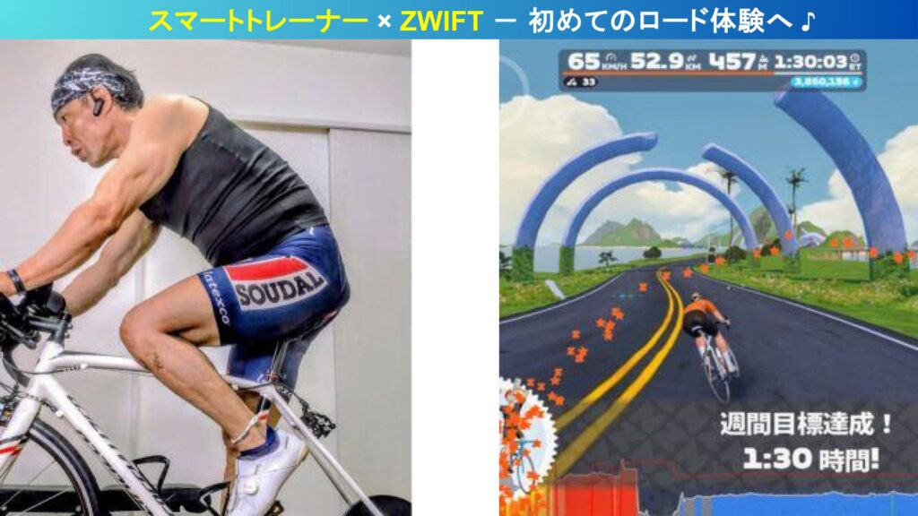 スマートトレーナーでトレーニングする京都ツジケンジム代表とZWIFT画面｜ロードバイク初心者にも安心の室内サイクリング体験