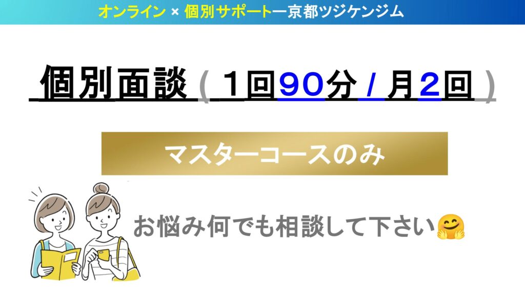 京都ツジケンジム｜オンライン。1回90分・月2回、マスターコースのみ対象。個別相談サポート。